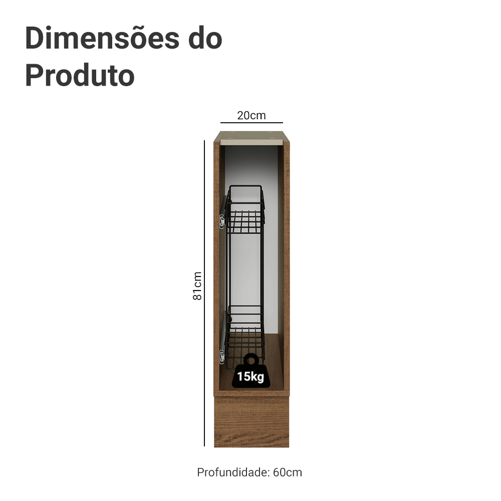 Balcão Porta-Temperos 20 x 60 cm (Sem Tampo) para Cozinhas Rustic Madesa