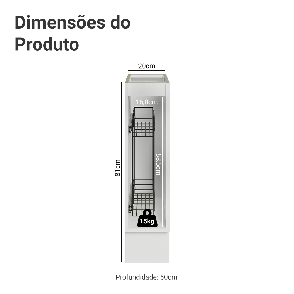 Balcão Porta-Temperos 20x60 cm 1 Porta (Sem Tampo) Branco/Crema Vik Madesa