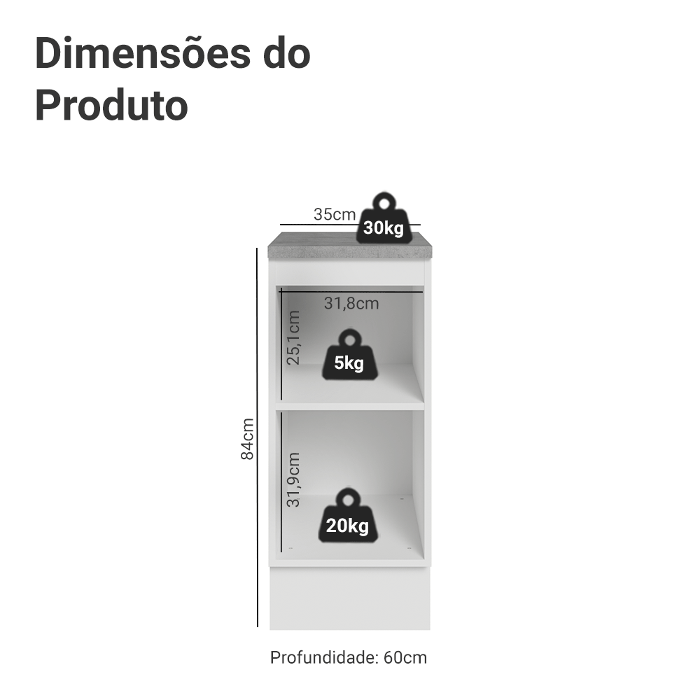 Balcão de Cozinha 35 x 60 cm 1 Porta (Com Tampo) Branco/Crema Vik Madesa