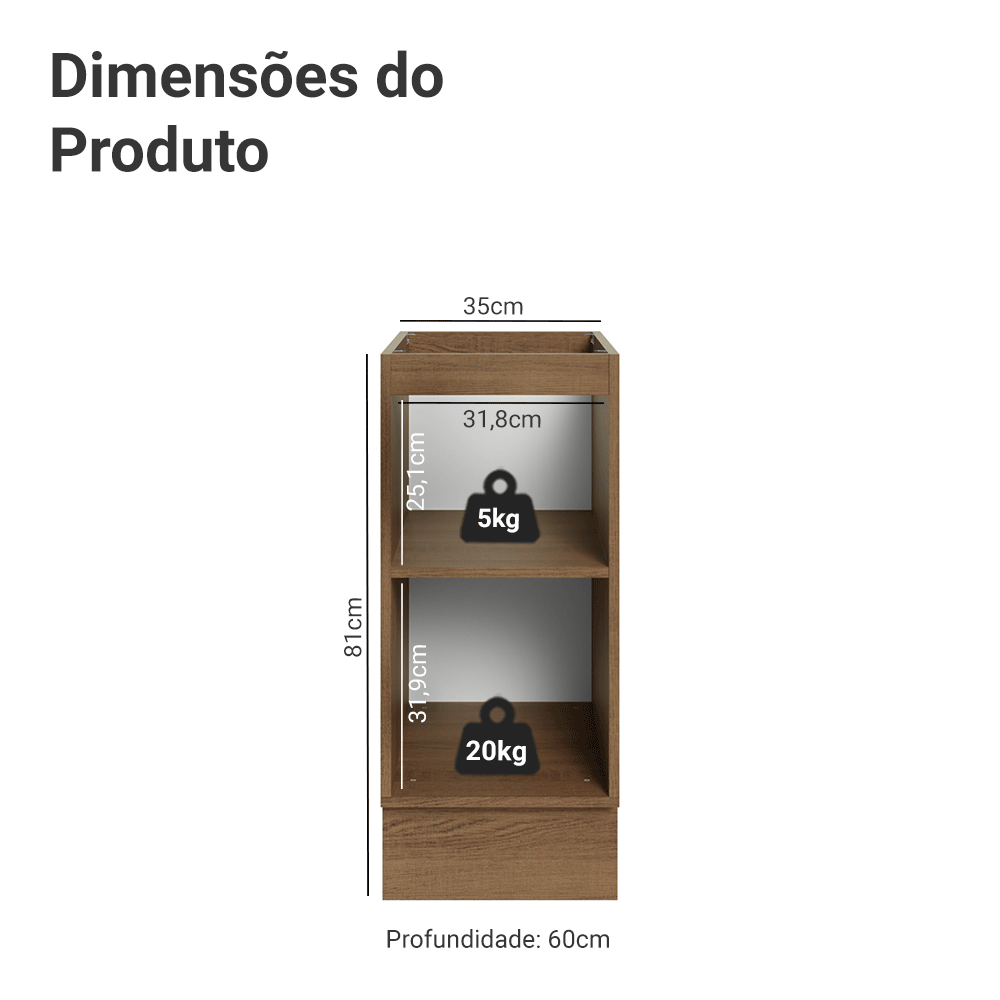 Balcão de Cozinha 35 x 60 cm 1 Porta (Sem Tampo) Rustic/Preto Lux Madesa