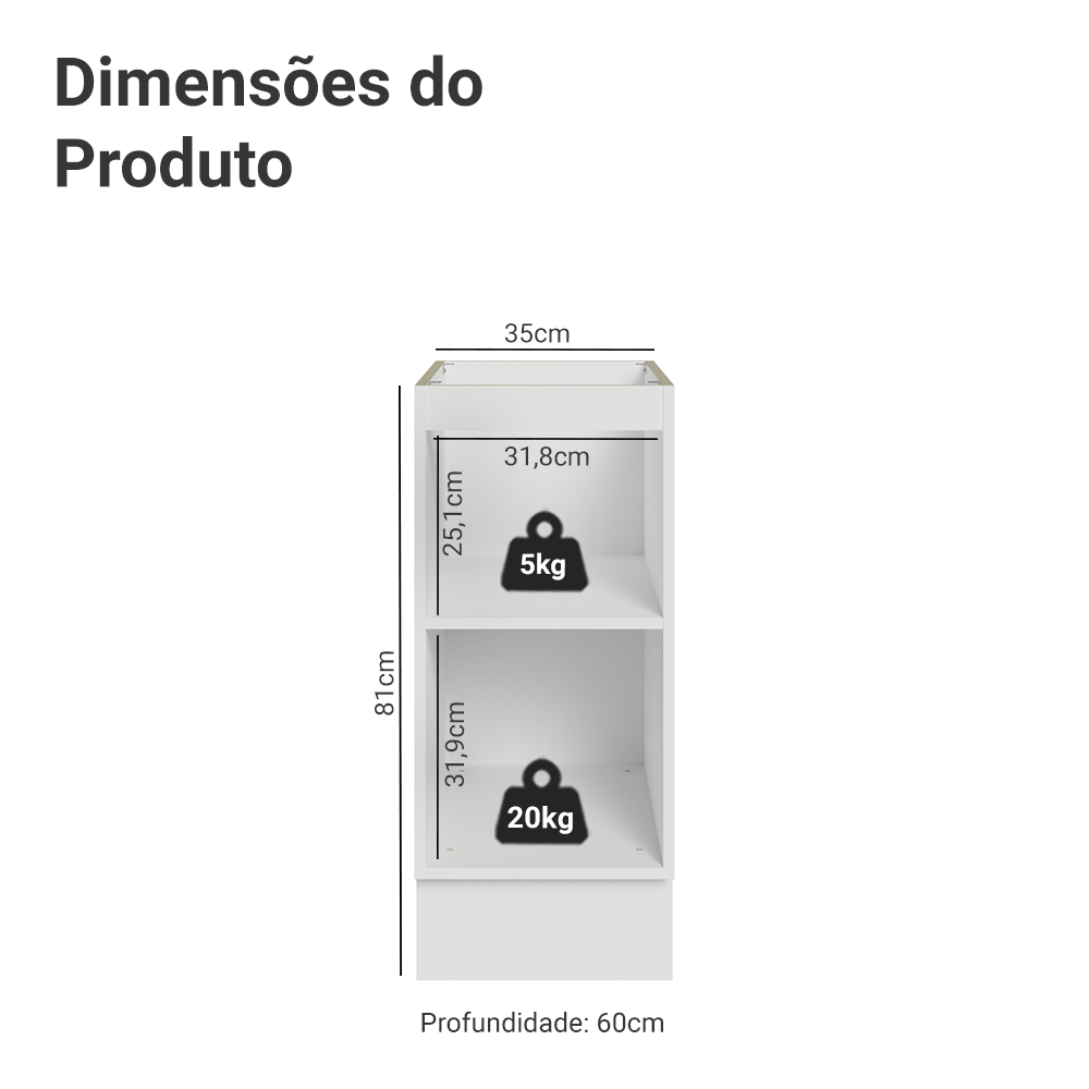 Balcão de Cozinha 35 x 60 cm 1 Porta (Sem Tampo) Branco/Cinza Vik Madesa