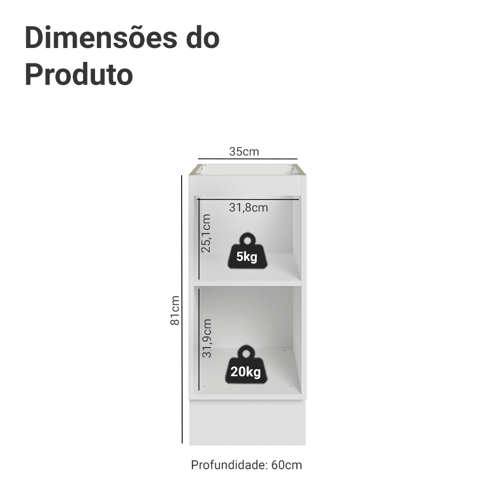 Balcão de Cozinha 35 x 60 cm 1 Porta (Sem Tampo) Branco/Branco Veludo Lux Madesa