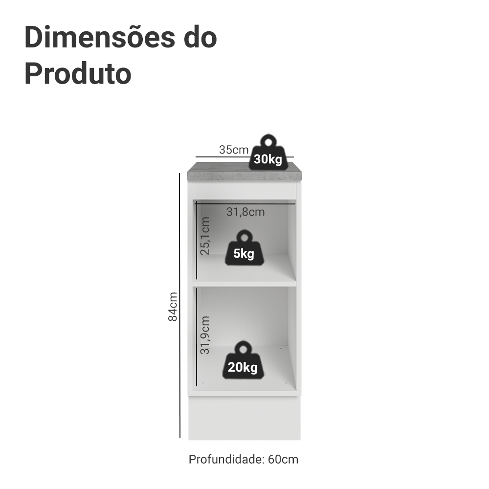 Balcão 35 x 60 cm 1 Porta (Com Tampo) Branco/Branco Veludo Lux Madesa