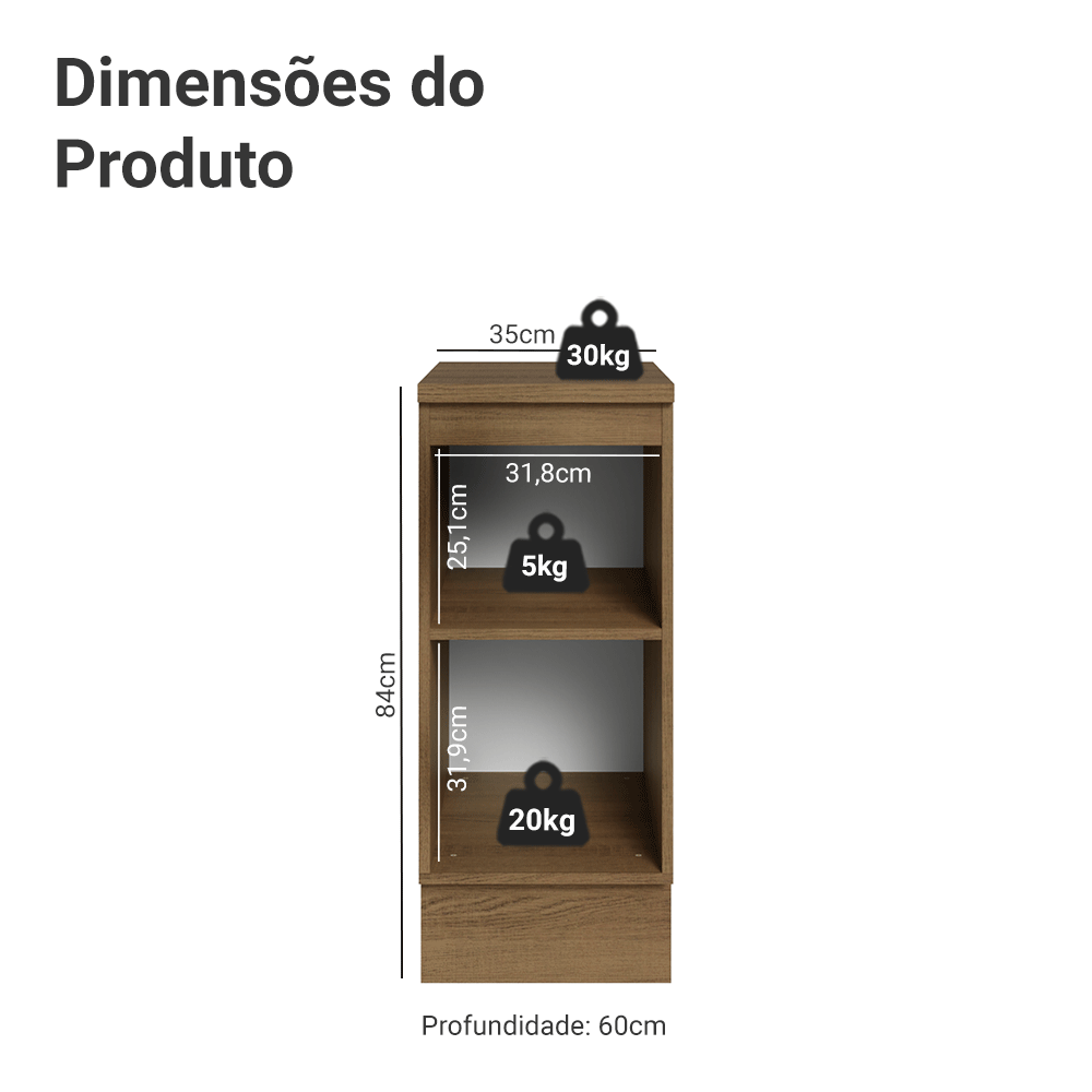 Balcão 35 x 60 cm 1 Porta (Com Tampo) Rustic/Branco Veludo Lux Madesa