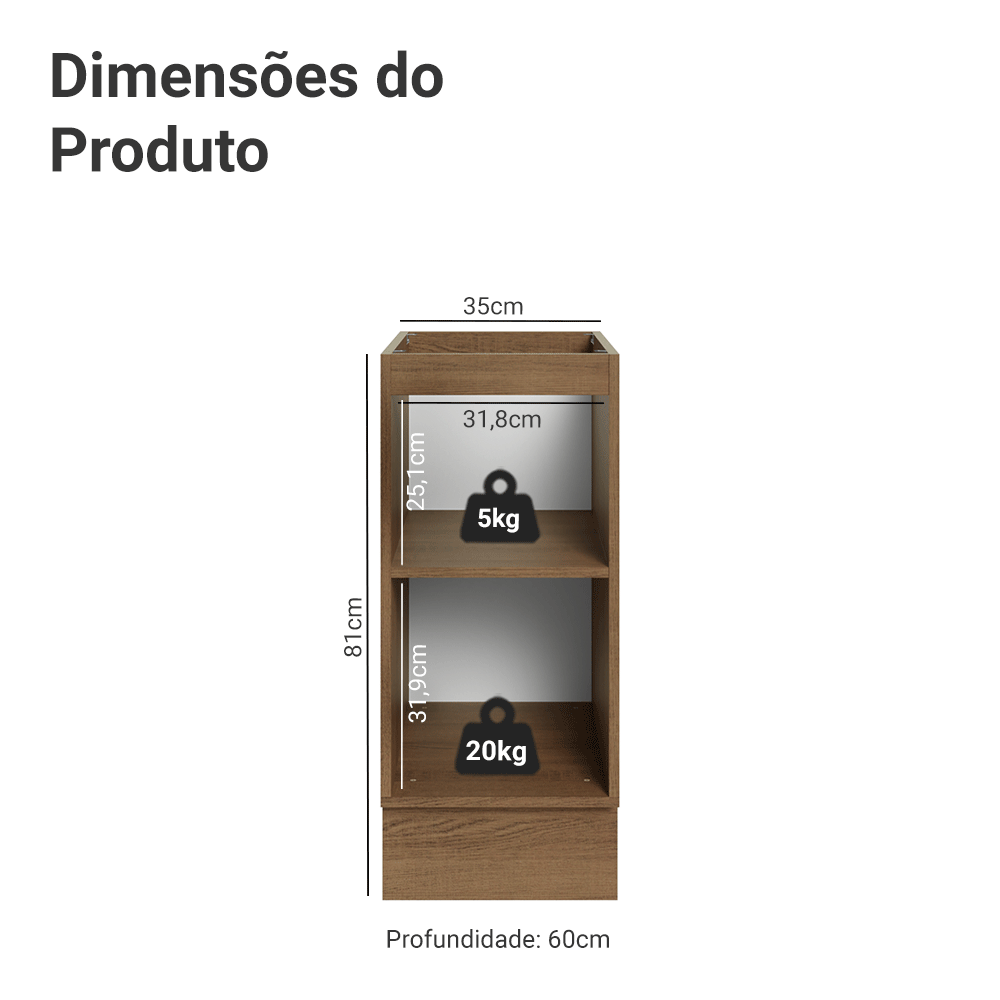 Balcão de Cozinha 35 x 60 cm 1 Porta (Sem Tampo) Rustic/Verde Vik Madesa