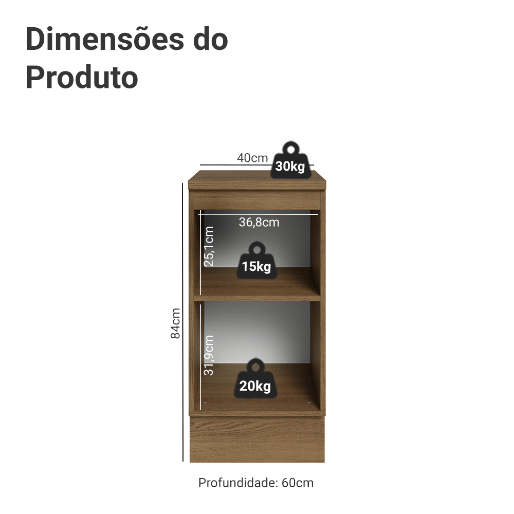 Balcão 40 x 60 cm 1 Porta (Com Tampo) Rustic/Preto Lux Madesa