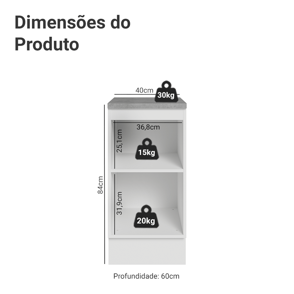 Balcão 40 x 60 cm 1 Porta (Com Tampo) Branco/Cinza Lux Madesa
