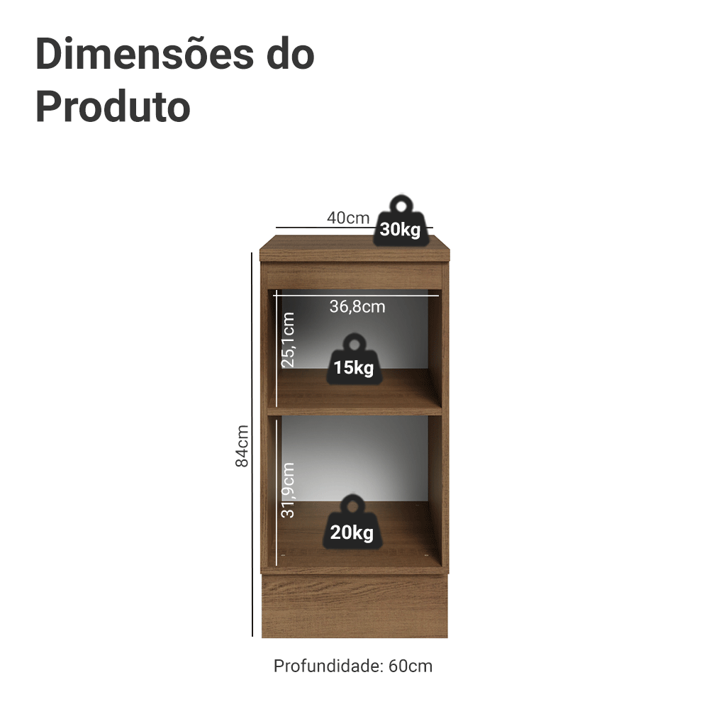 Balcão de Cozinha 40 x 60 cm 1 Porta (Com Tampo) Rustic/Cinza Vik Madesa