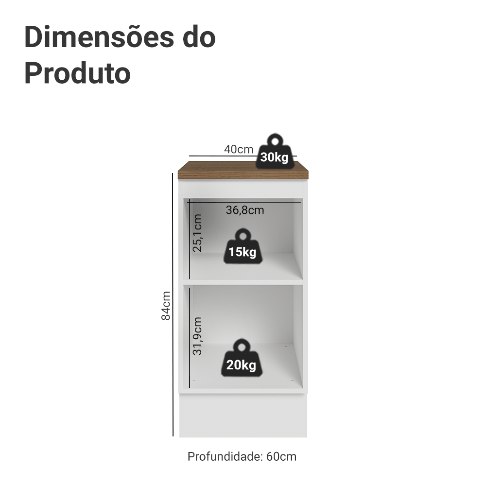 Balcão de Cozinha 40 x 60 cm 1 Porta (Com Tampo) Branco/Rustic Vik Madesa