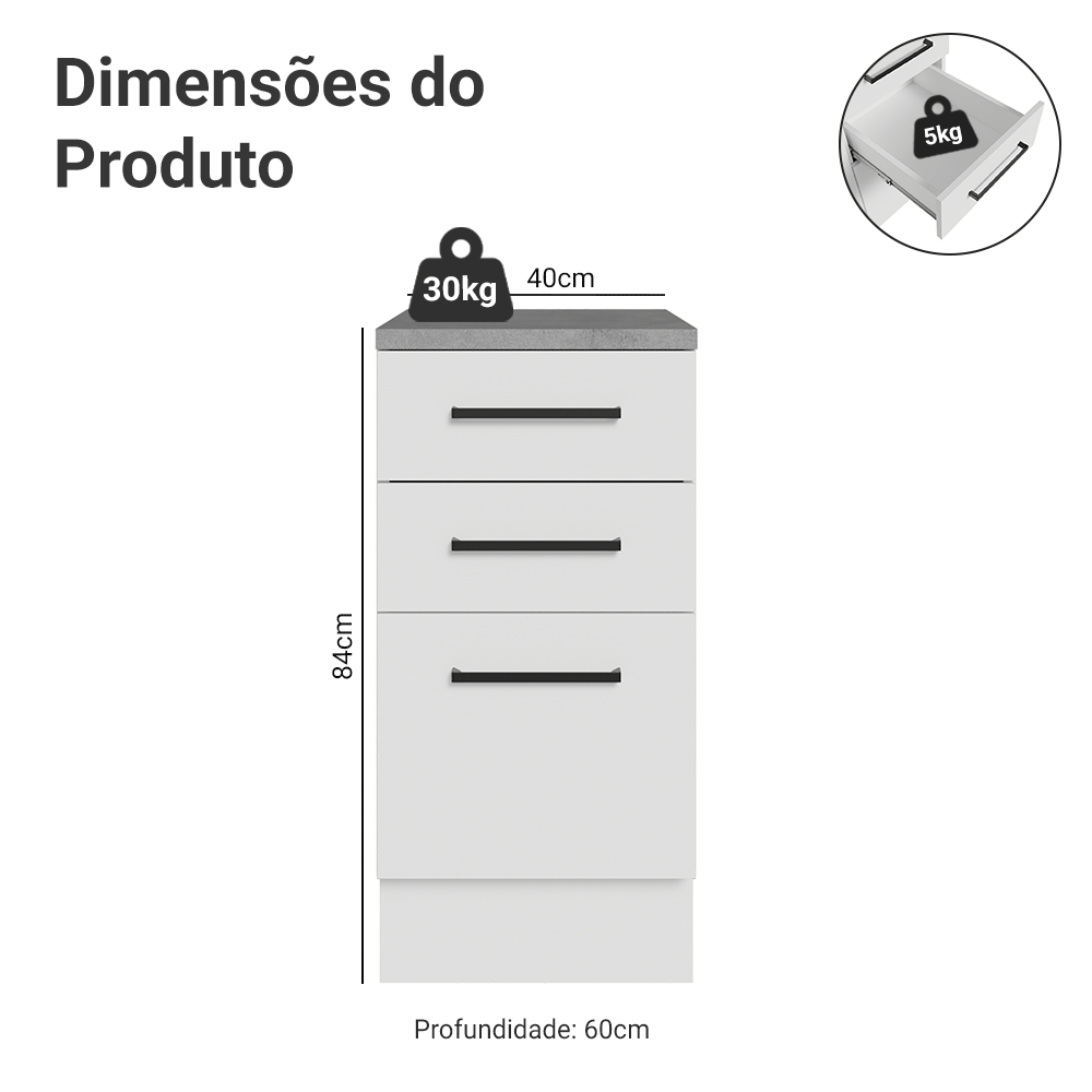 Balcão Madesa Agata 40 x 60 cm 3 Gavetas (Com Tampo) Branco