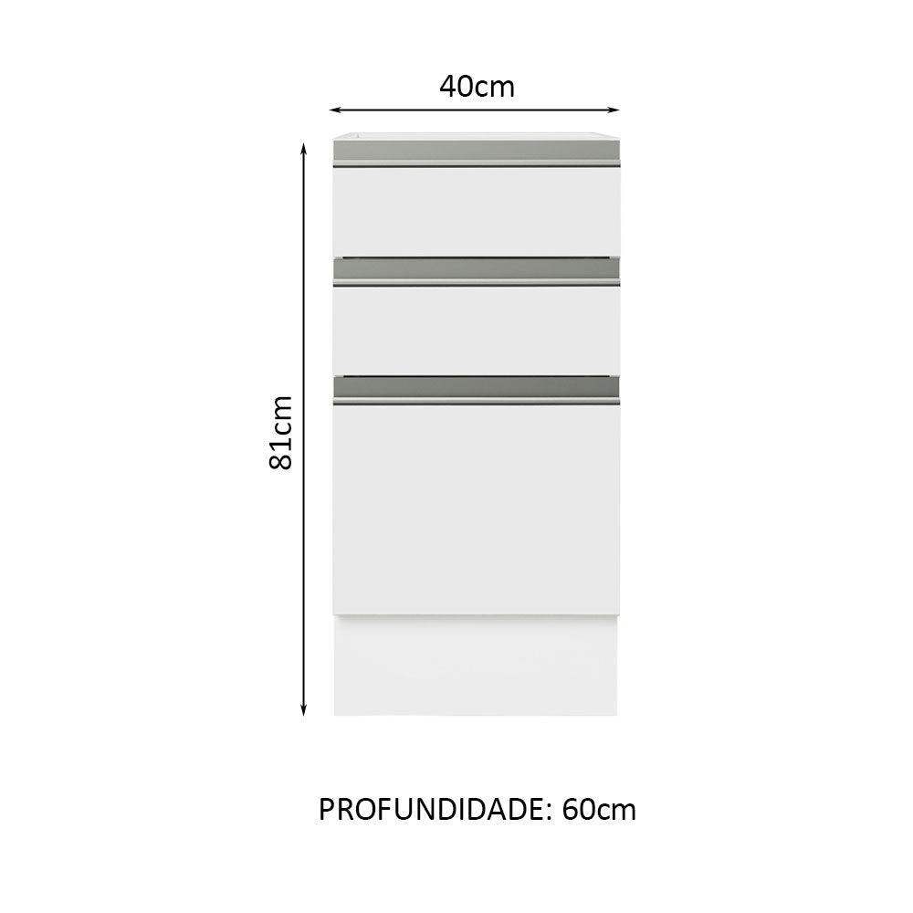 Balcão Cozinha 40 x 60 cm 3 Gavetas (Sem Tampo) Branco Glamy Madesa