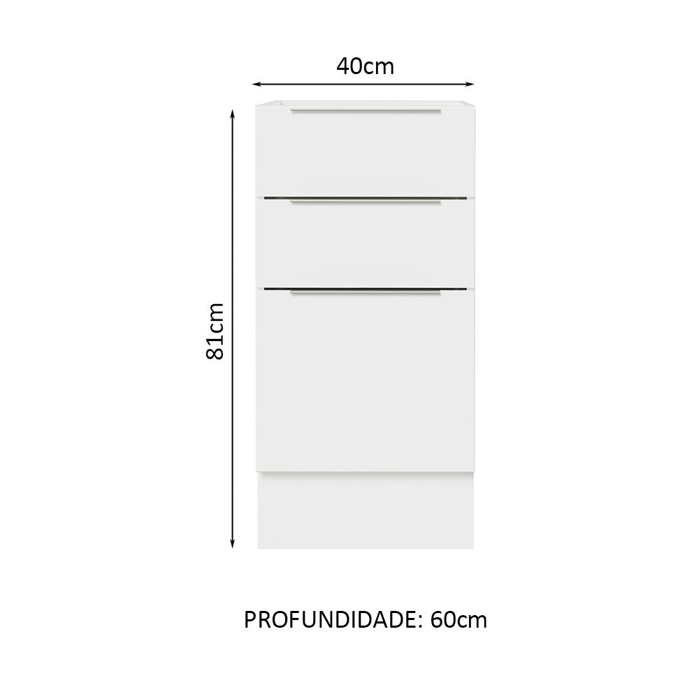 Balcão Cozinha 40 x 60 cm 3 Gavetas (Sem Tampo) Branco Stella Madesa