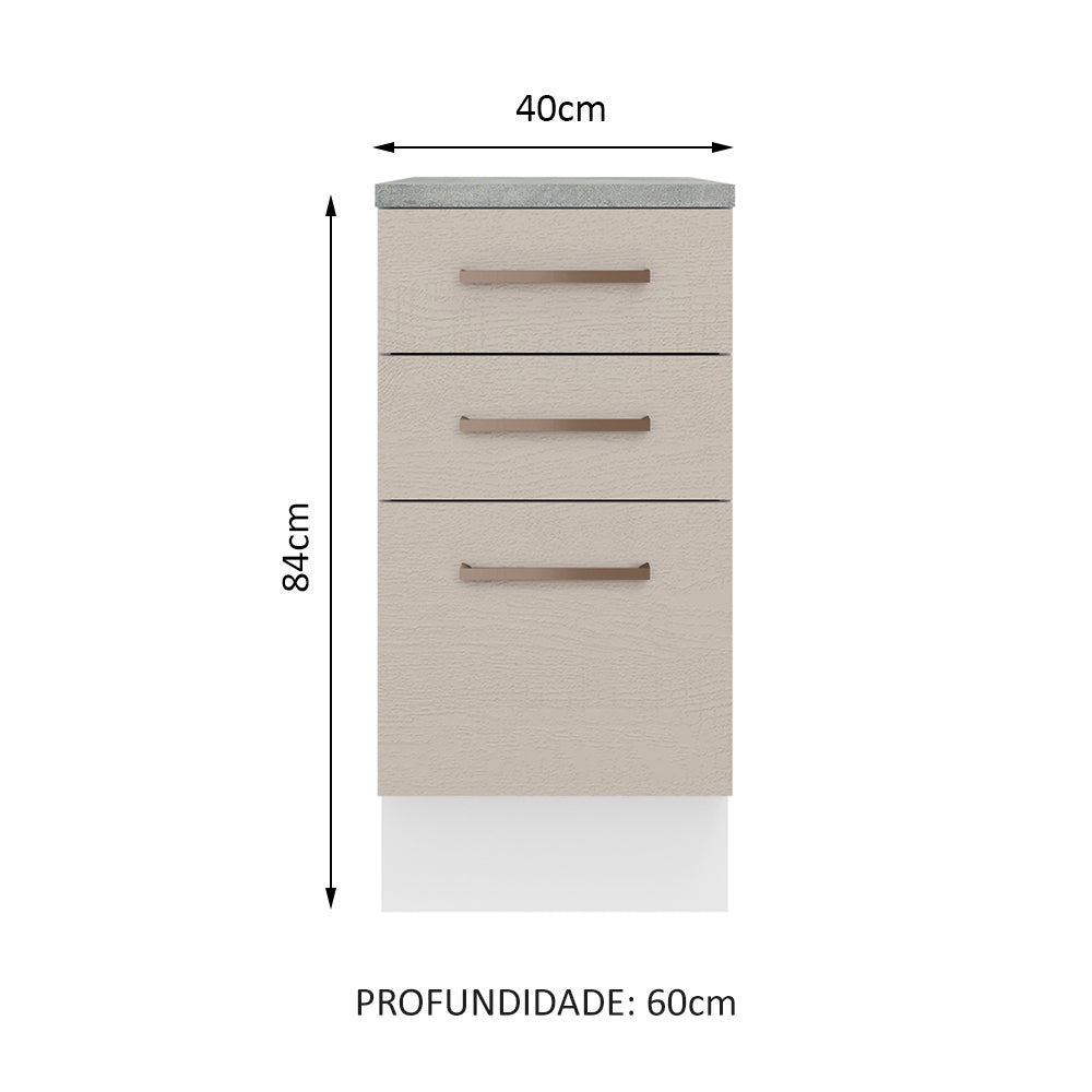 Balcão 40 x 60 cm 3 Gavetas (Com Tampo) Branco/Crema Agata Madesa