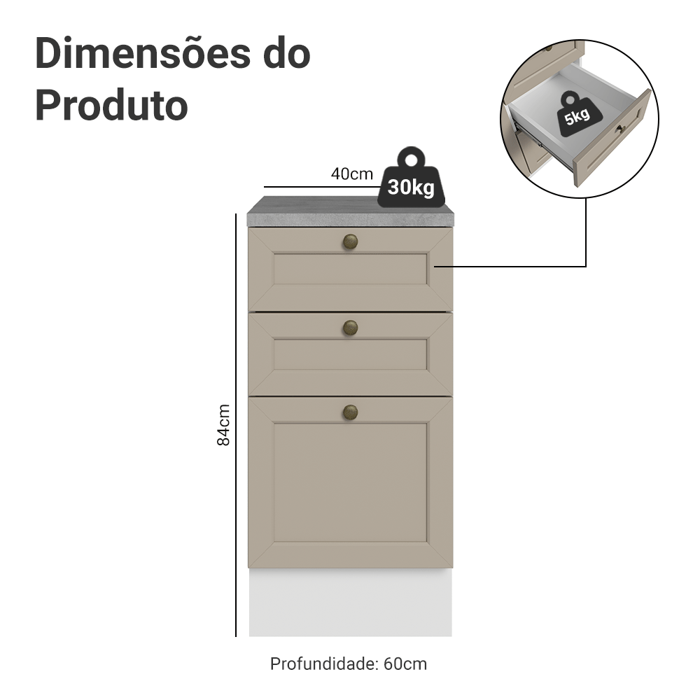 Balcão de Cozinha 40 x 60 cm 3 Gavetas (Com Tampo) Branco/Crema Vik Madesa