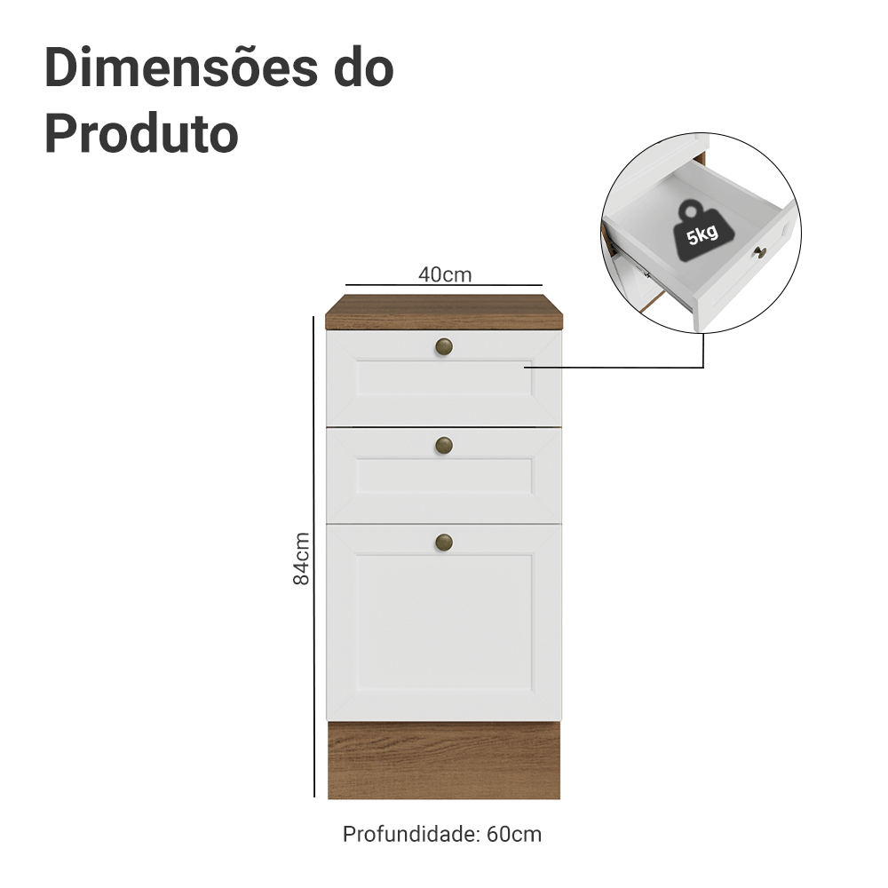 Balcão de Cozinha 40 x 60 cm 3 Gavetas (Com Tampo) Rustic/Branco Vik Madesa