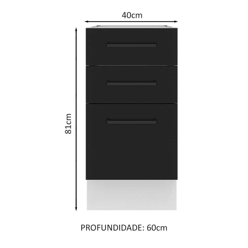 Balcão Madesa Agata 40 x 60 cm 3 Gavetas (Sem Tampo) Branco/Preto