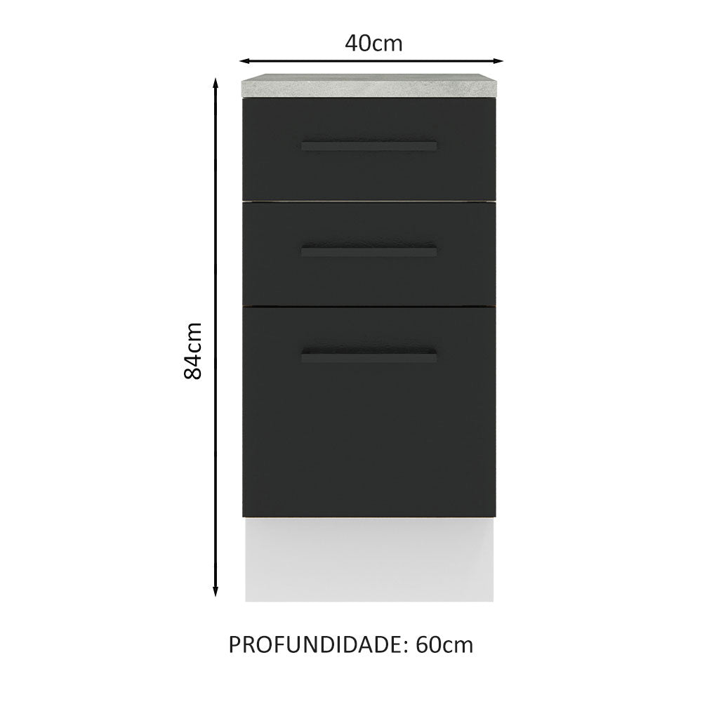 Balcão Madesa Agata 40 x 60 cm 3 Gavetas (Com Tampo) Branco/Preto