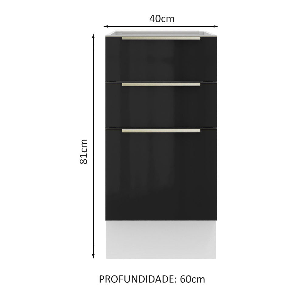 Balcão Madesa Lux 40 cm 3 Gavetas (Sem Tampo) Branco/Preto