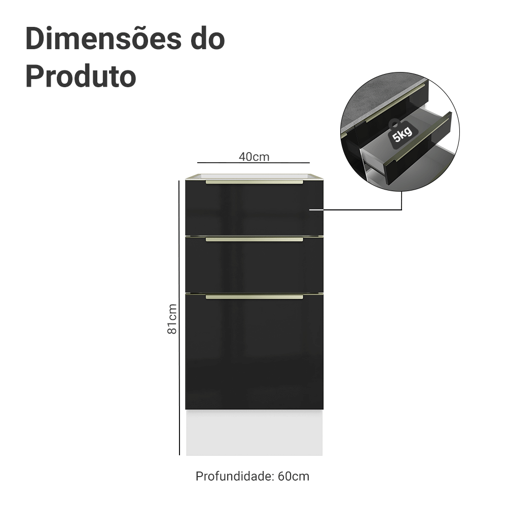 Balcão de Cozinha 40 x 60 cm 3 Gavetas (Sem Tampo) Branco/Preto Lux Madesa