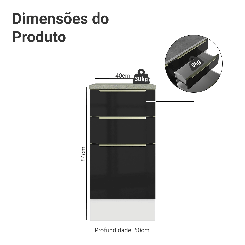Balcão 40 x 60 cm 3 Gavetas (Com Tampo) Branco/Preto Lux Madesa