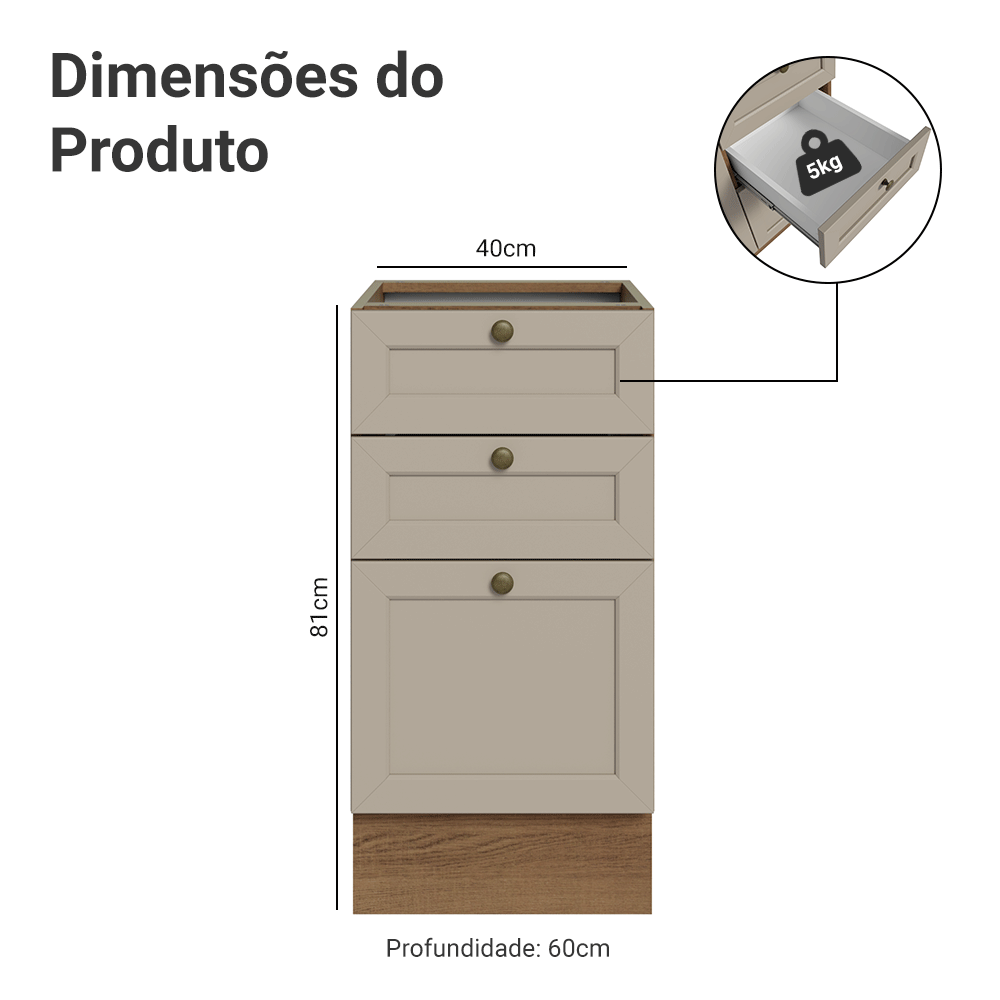 Balcão de Cozinha 40 x 60 cm 3 Gavetas (Sem Tampo) Rustic/Crema Vik Madesa