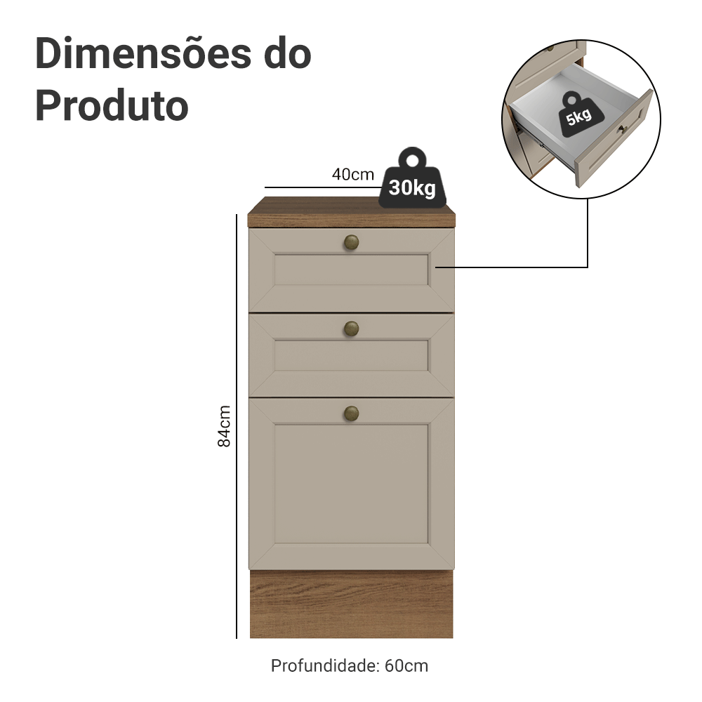 Balcão de Cozinha 40 x 60 cm 3 Gavetas (Com Tampo) Rustic/Crema Vik Madesa