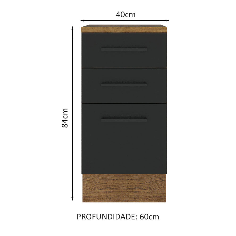 Balcão Madesa Agata 40 x 60 cm 3 Gavetas (Com Tampo) Rustic/Preto