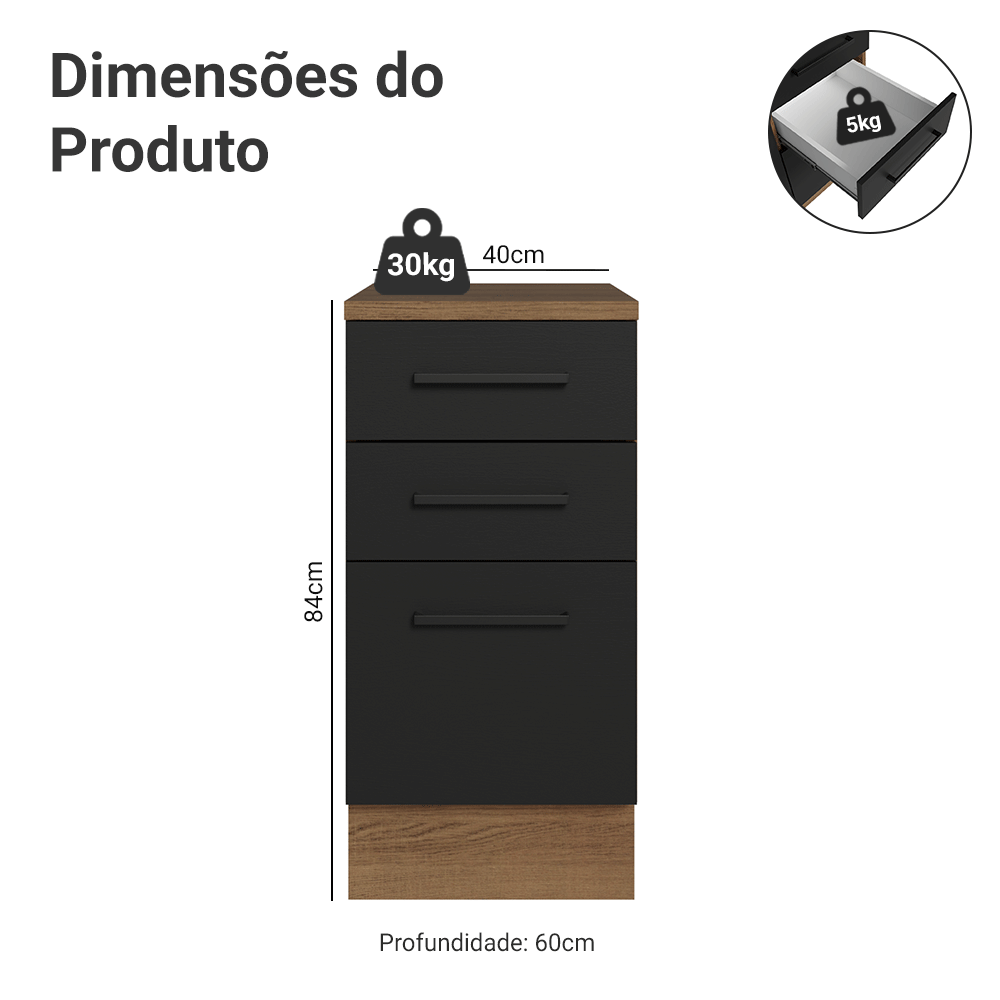 Balcão Madesa Agata 40 x 60 cm 3 Gavetas (Com Tampo) Rustic/Preto
