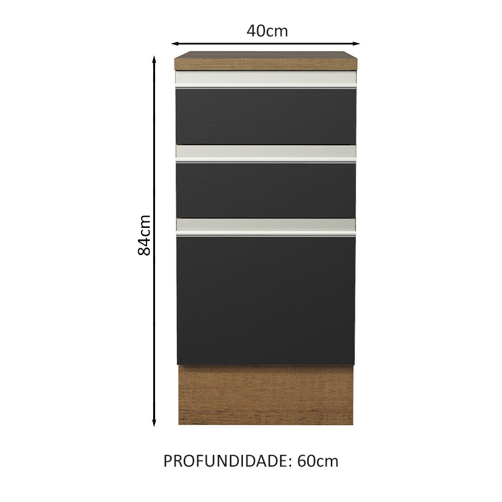 Balcão Madesa Glamy 40 x 60 cm 3 Gavetas (Com Tampo) Rustic/Preto