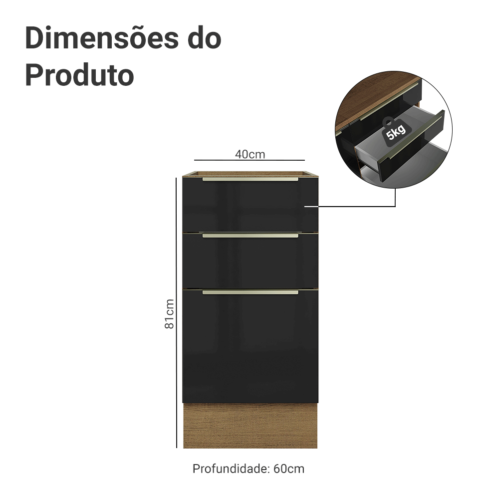 Balcão de Cozinha 40 x 60 cm 3 Gavetas (Sem Tampo) Rustic/Preto Lux Madesa
