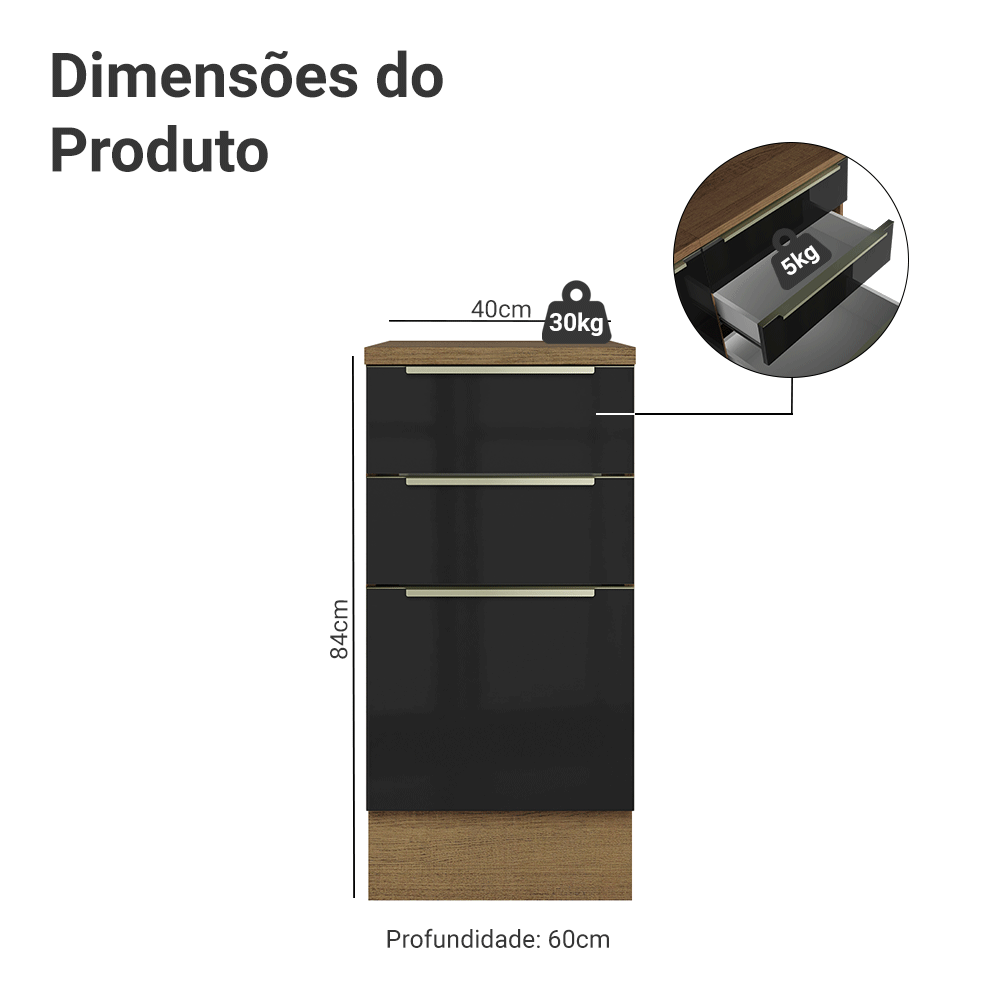 Balcão 40 x 60 cm 3 Gavetas (Com Tampo) Rustic/Preto Lux Madesa