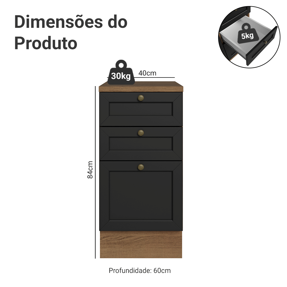 Balcão de Cozinha 40 x 60 cm 3 Gavetas (Com Tampo) Rustic/Preto Vik Madesa