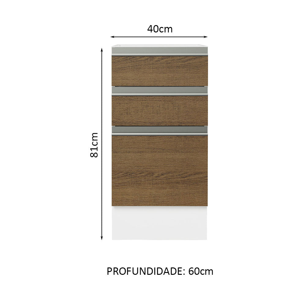 Balcão Cozinha 40 x 60 cm 3 Gavetas (Sem Tampo) Branco/Rustic Glamy Madesa