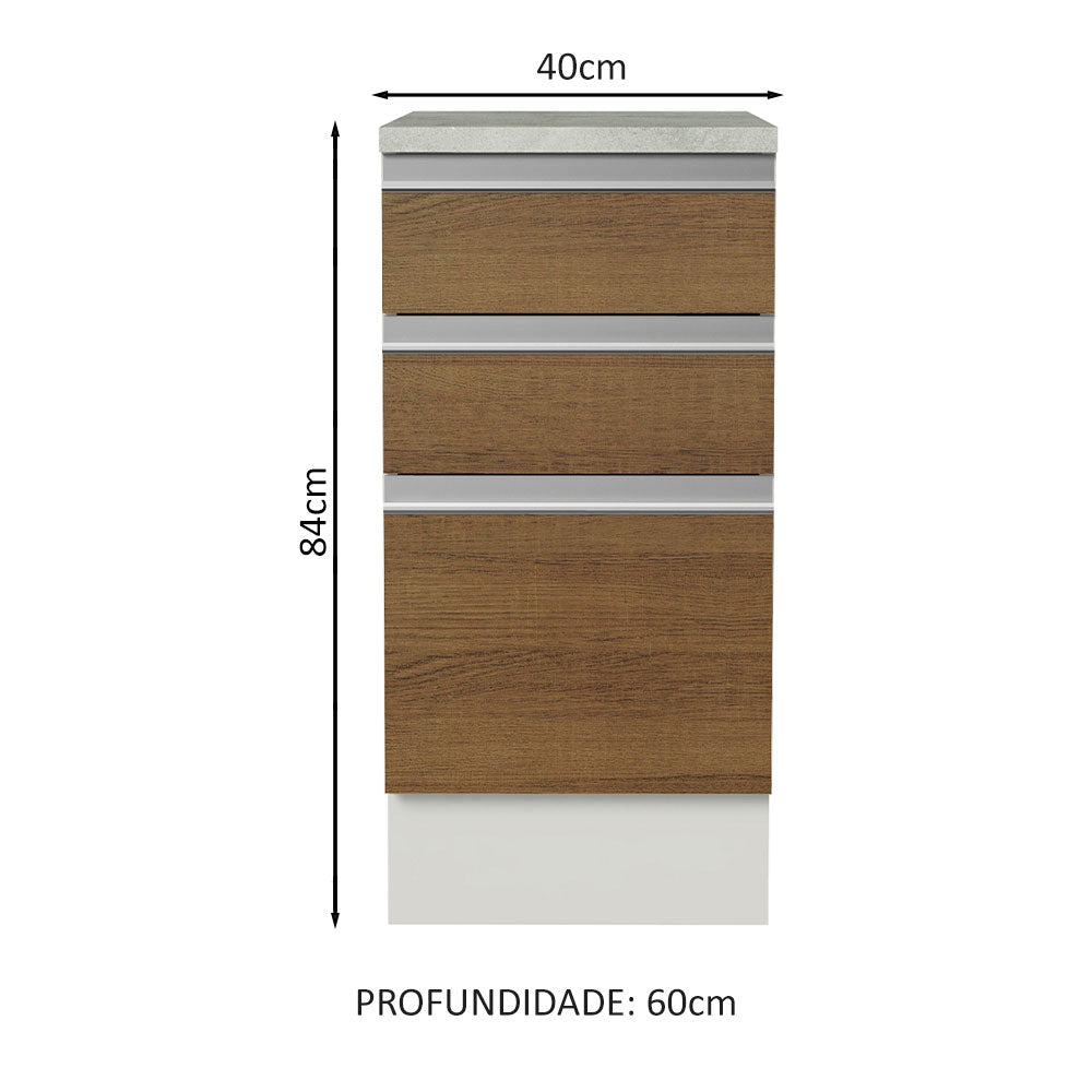 Balcão Madesa Glamy 40 x 60 cm 3 Gavetas (Com Tampo) Branco/Rustic