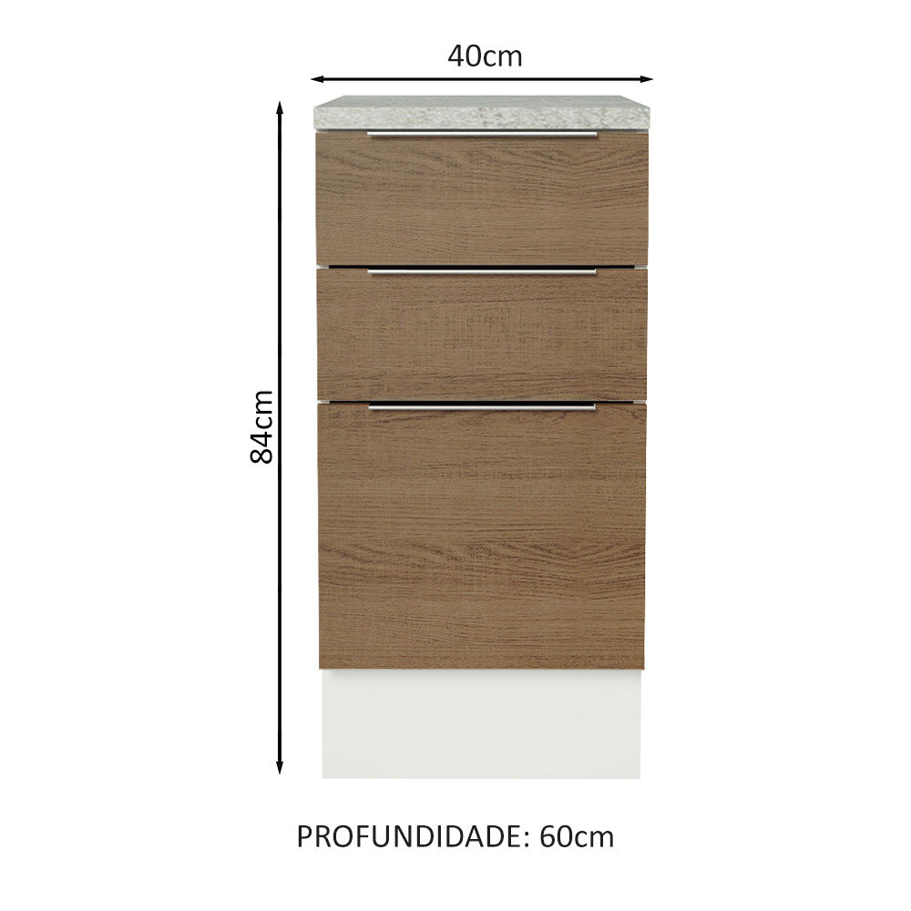 Balcão Madesa Stella 40 x 60 cm 3 Gavetas (Com Tampo) Branco/Rustic