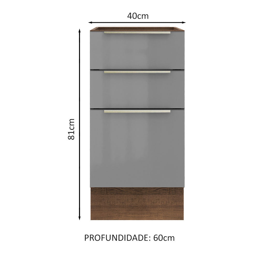Balcão de Cozinha 40 x 60 cm 3 Gavetas (Sem Tampo) Rustic/Cinza Lux Madesa