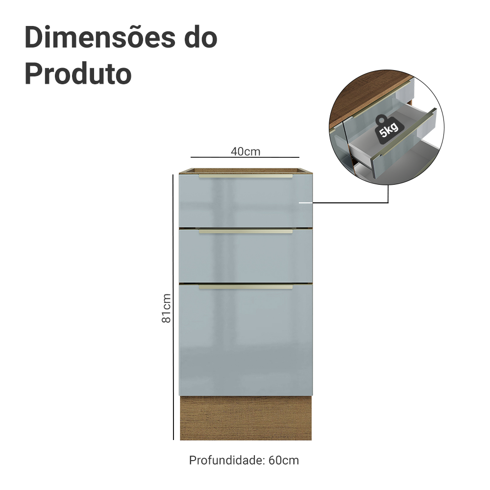 Balcão de Cozinha 40 x 60 cm 3 Gavetas (Sem Tampo) Rustic/Cinza Lux Madesa