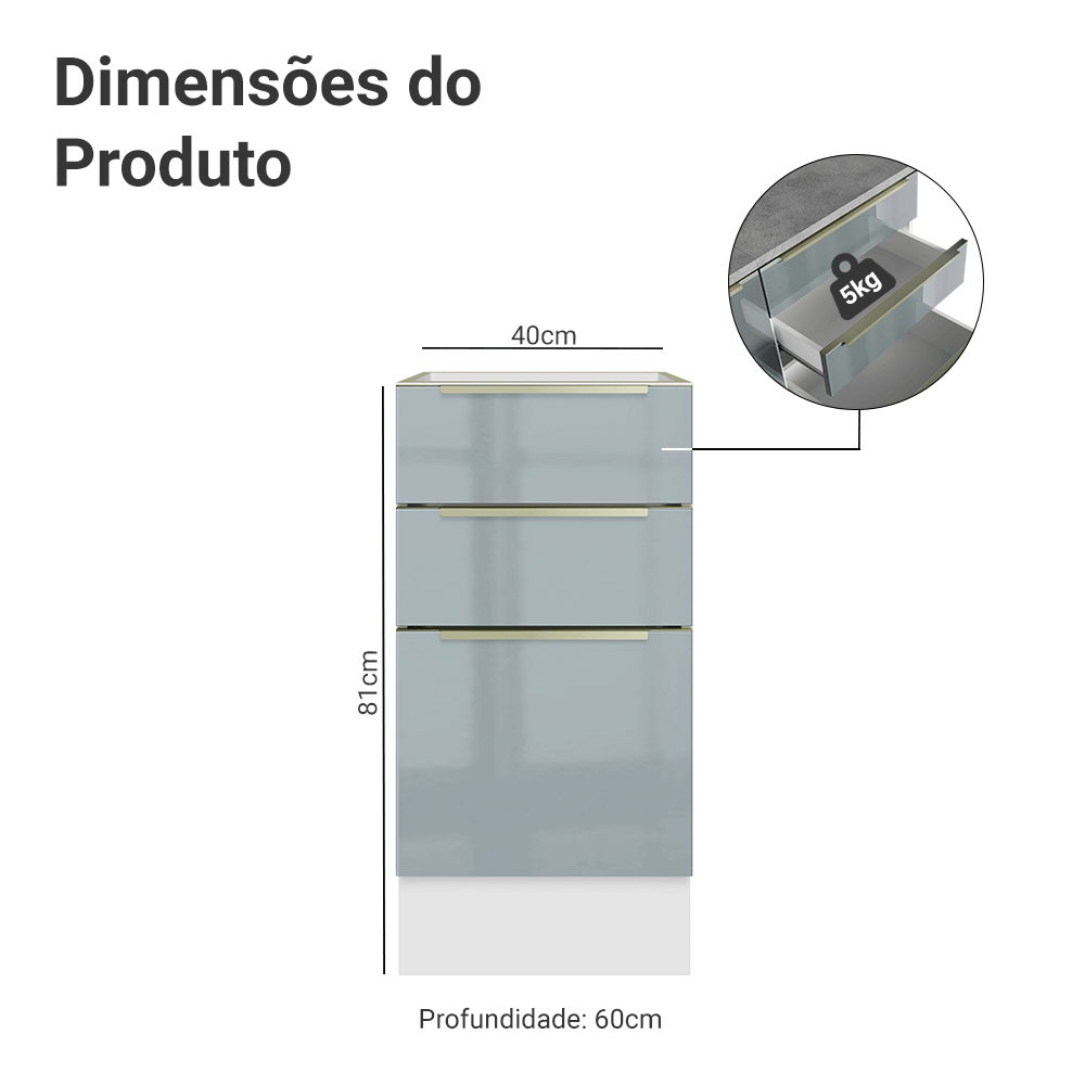 Balcão de Cozinha 40 x 60 cm 3 Gavetas (Sem Tampo) Branco/Cinza Lux Madesa