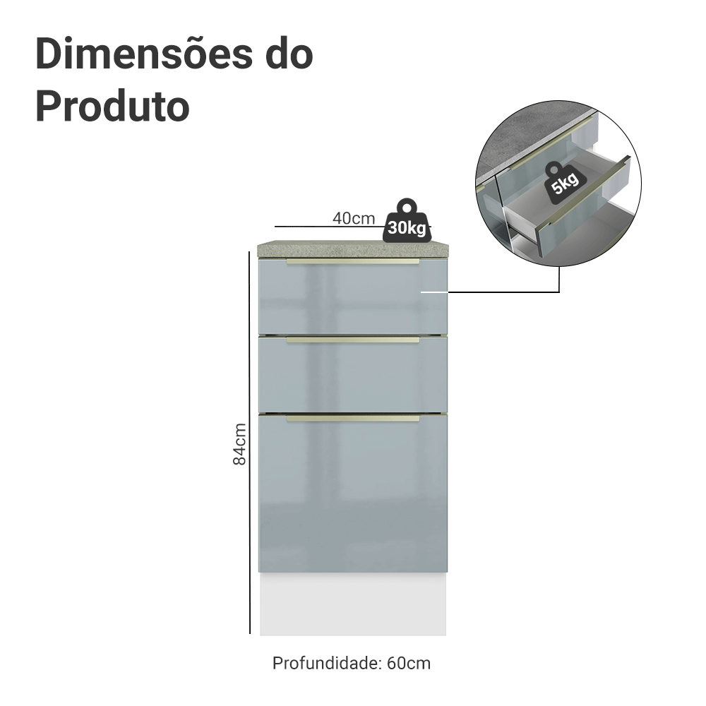 Balcão 40 x 60 cm 3 Gavetas (Com Tampo) Branco/Cinza Lux Madesa