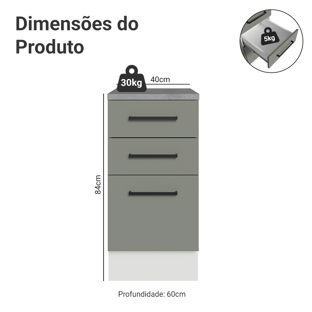 Balcão Madesa Agata 40 x 60 cm 3 Gavetas (Com Tampo) Branco/Cinza