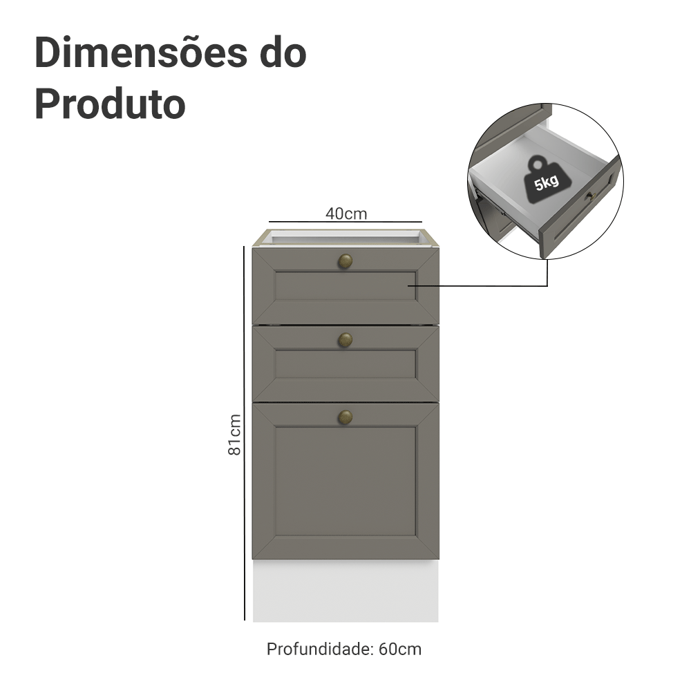 Balcão de Cozinha 40 x 60 cm 3 Gavetas (Sem Tampo) Branco/Cinza Vik Madesa