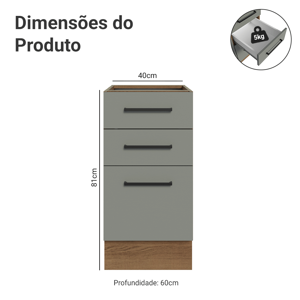 Balcão Madesa Agata 40 x 60 cm 3 Gavetas (Sem Tampo) Rustic/Cinza