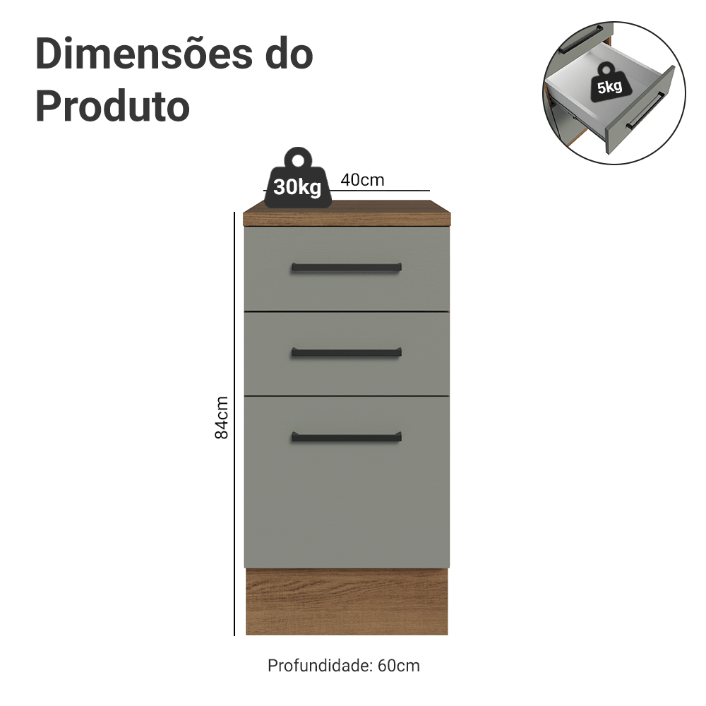 Balcão Madesa Agata 40 x 60 cm 3 Gavetas (Com Tampo) Rustic/Cinza
