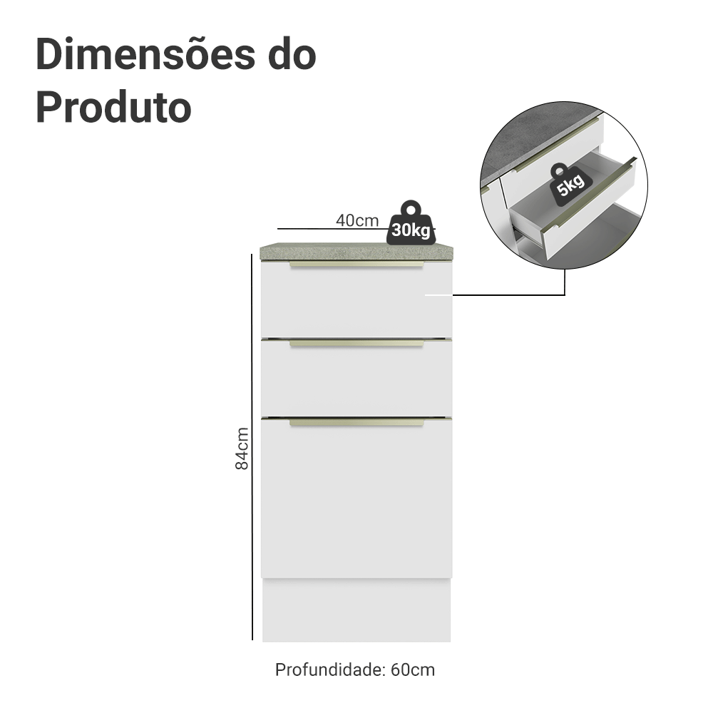 Balcão 40 x 60 cm 3 Gavetas (Com Tampo) Branco/Branco Veludo Lux Madesa