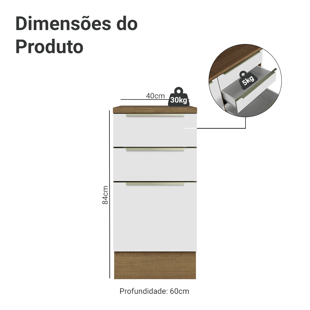Balcão 40 x 60 cm 3 Gavetas (Com Tampo) Rustic/Branco Veludo Lux Madesa