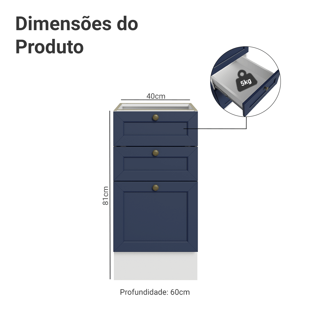 Balcão de Cozinha 40 x 60 cm 3 Gavetas (Sem Tampo) Branco/Azul Vik Madesa