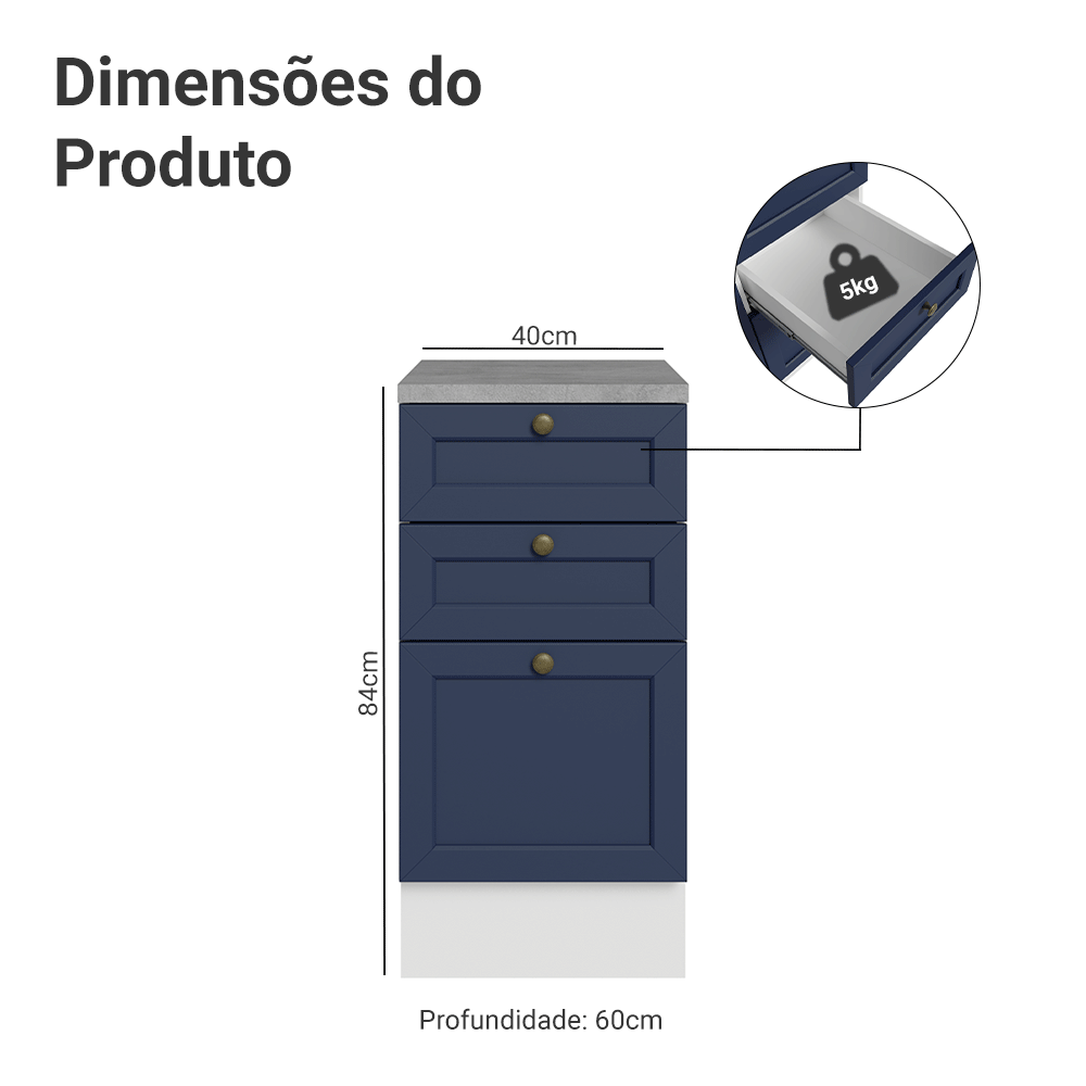 Balcão de Cozinha 40 x 60 cm 3 Gavetas (Com Tampo) Branco/Azul Vik Madesa