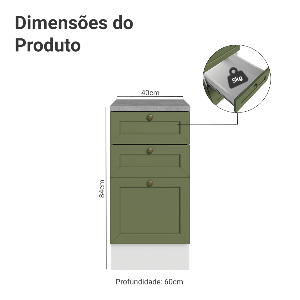 Balcão de Cozinha 40 x 60 cm 3 Gavetas (Com Tampo) Branco/Verde Vik Madesa