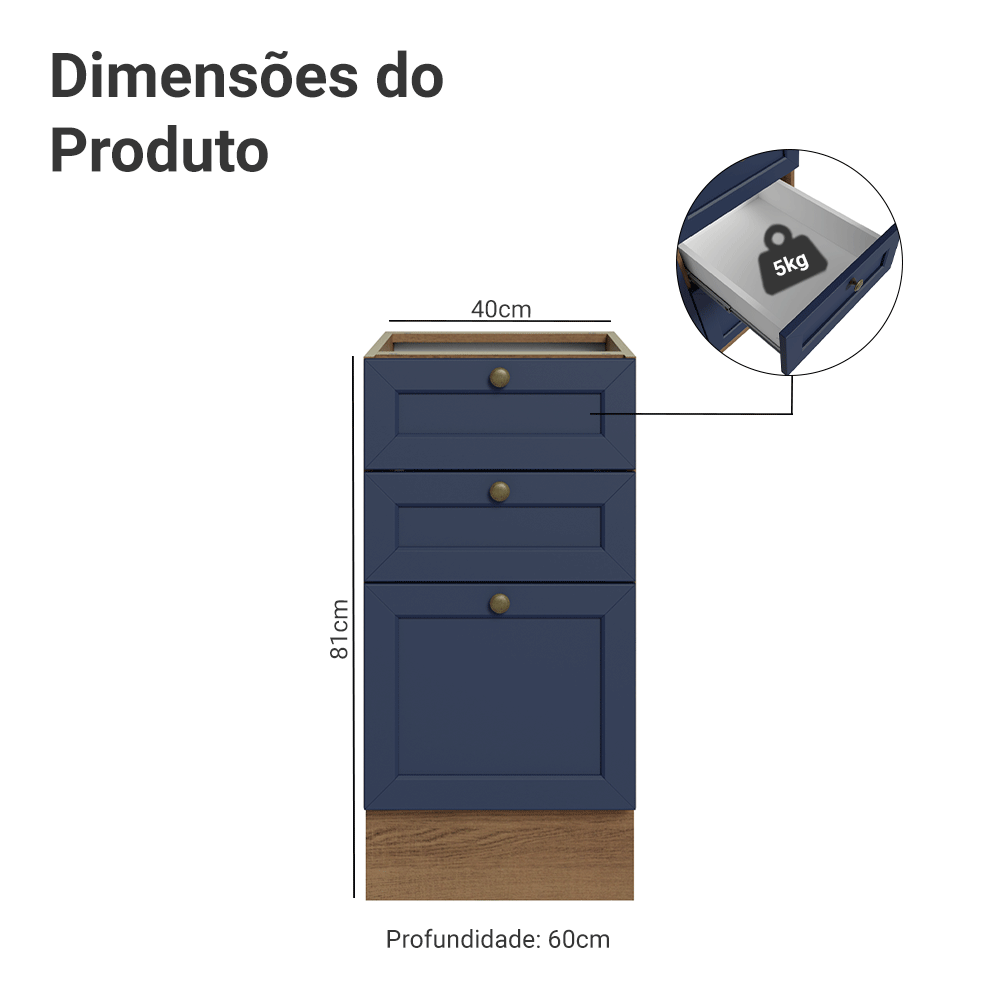 Balcão de Cozinha 40 x 60 cm 3 Gavetas (Sem Tampo) Rustic/Azul Vik Madesa