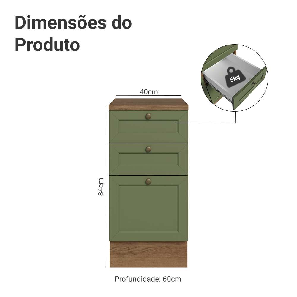 Balcão de Cozinha 40 x 60 cm 3 Gavetas (Com Tampo) Rustic/Verde Vik Madesa